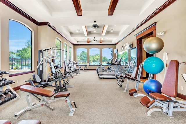 651 Tenuta Ln, League City, TX 77573 - workout area with ceiling fan, carpet flooring, coffered ceiling, and baseboards