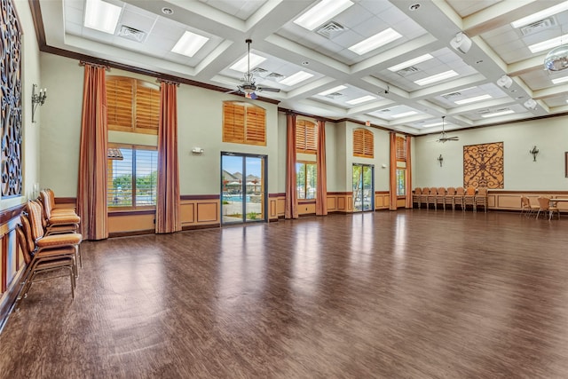 651 Tenuta Ln, League City, TX 77573 - interior space with ceiling fan, visible vents, wood finished floors, and beamed ceiling