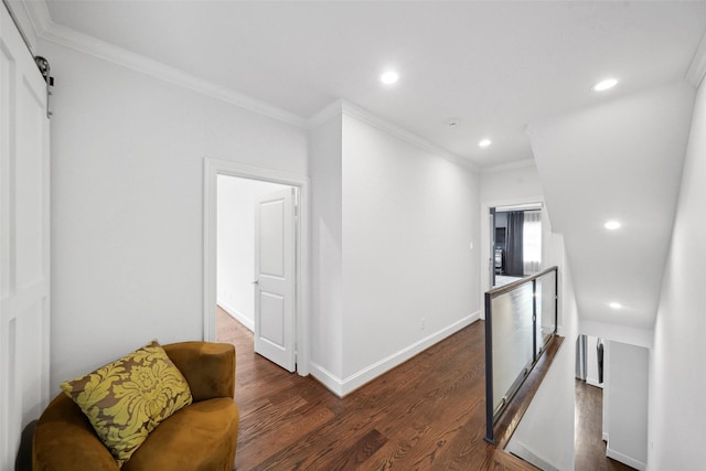 22 History Row, The Woodlands, TX 77380 - hallway with recessed lighting, wood finished floors, an upstairs landing, crown molding, and baseboards