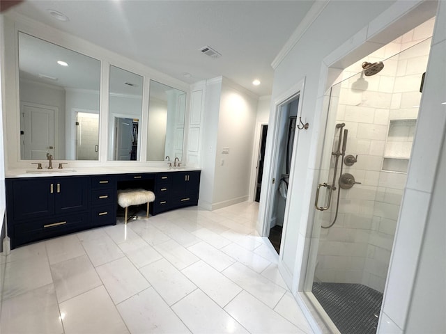 22 History Row, The Woodlands, TX 77380 - bathroom featuring ornamental molding, a shower stall, and a sink
