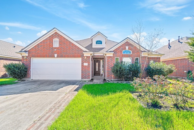 view of front of home featuring roof with shingles, concrete driveway, brick siding, a garage, and a front yard