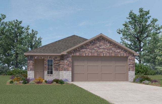 ranch-style house featuring driveway, a front lawn, stone siding, and a garage