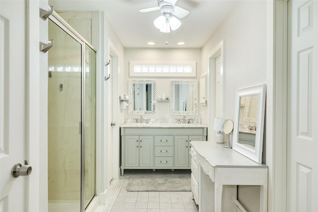 29 Clara Barton Ln, Galveston, TX 77551 - full bath featuring a sink, a marble finish shower, ceiling fan, and tile patterned flooring