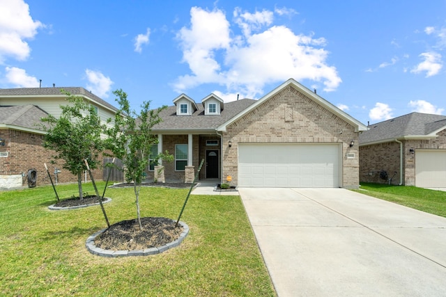 view of front of home with concrete driveway, brick siding, a garage, a shingled roof, and a front yard