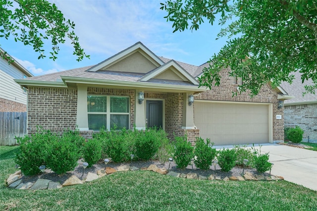 view of front of home with brick siding, a garage, concrete driveway, and roof with shingles