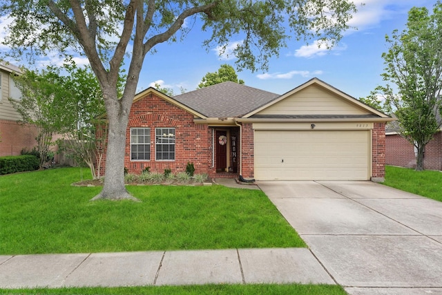 9815 Hallmark Ln, Pearland, TX 77584 - ranch-style house with a garage, brick siding, a front lawn, driveway, and a shingled roof
