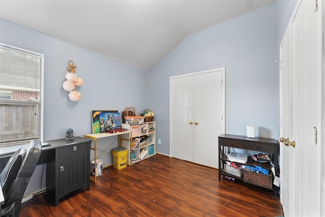 9815 Hallmark Ln, Pearland, TX 77584 - office featuring dark wood-style floors and vaulted ceiling