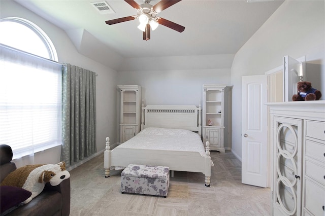 2757 Maxway Ct, League City, TX 77573 - bedroom featuring a ceiling fan, visible vents, multiple windows, and lofted ceiling