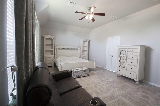 2757 Maxway Ct, League City, TX 77573 - bedroom featuring a ceiling fan, visible vents, lofted ceiling, and baseboards