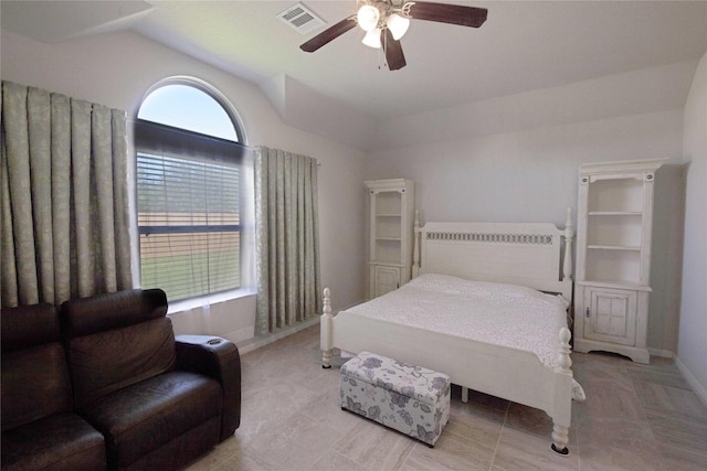 2757 Maxway Ct, League City, TX 77573 - bedroom with visible vents, ceiling fan, lofted ceiling, and baseboards