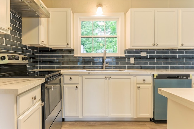 208 W Jefferson St, Trinity, TX 75862 - kitchen featuring appliances with stainless steel finishes, a sink, extractor fan, white cabinetry, and backsplash