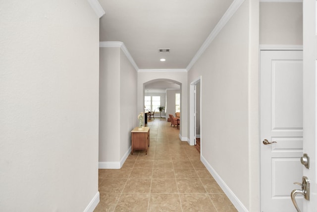 3250 Persimmon Grv, Richmond, TX 77469 - corridor featuring recessed lighting, visible vents, ornamental molding, arched walkways, and baseboards