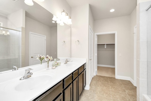 3250 Persimmon Grv, Richmond, TX 77469 - full bathroom with tile patterned floors, a sink, double vanity, and tiled shower