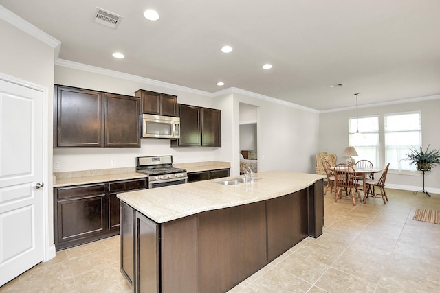 3250 Persimmon Grv, Richmond, TX 77469 - kitchen featuring crown molding, visible vents, appliances with stainless steel finishes, and a sink