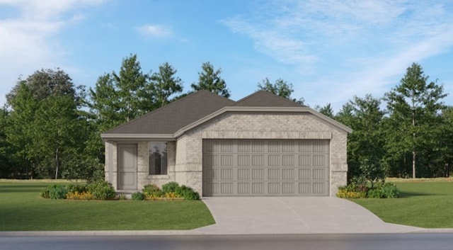 6022 Standpiper Loop, Baytown, TX 77521 - ranch-style house featuring an attached garage, a front lawn, brick siding, and driveway