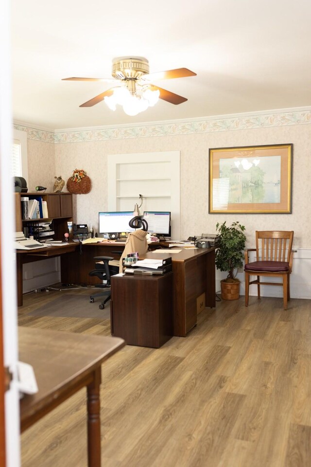office area with wallpapered walls, light wood-type flooring, and a ceiling fan