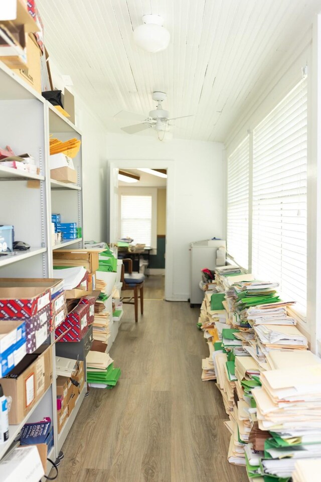 storage area featuring ceiling fan