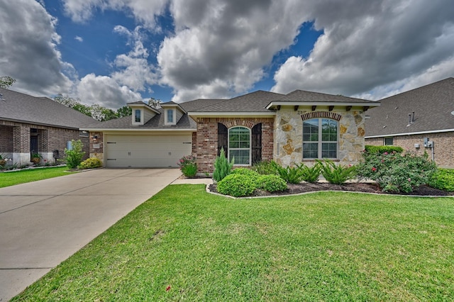 view of front facade featuring concrete driveway, an attached garage, and a front yard