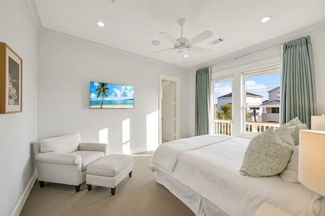 carpeted bedroom featuring recessed lighting, baseboards, and visible vents