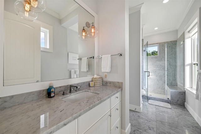 full bath featuring vanity, a marble finish shower, marble finish floor, recessed lighting, and baseboards