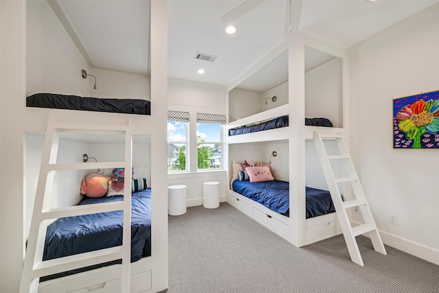 bedroom featuring carpet floors, recessed lighting, baseboards, and visible vents