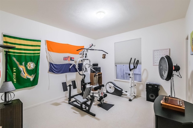 exercise room featuring baseboards and carpet