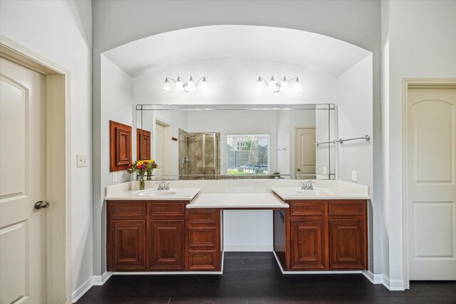 bathroom with a sink, a shower, and double vanity