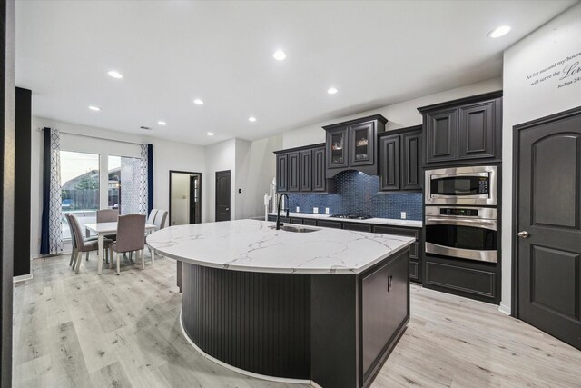kitchen with appliances with stainless steel finishes, tasteful backsplash, a center island with sink, a sink, and light wood-style floors