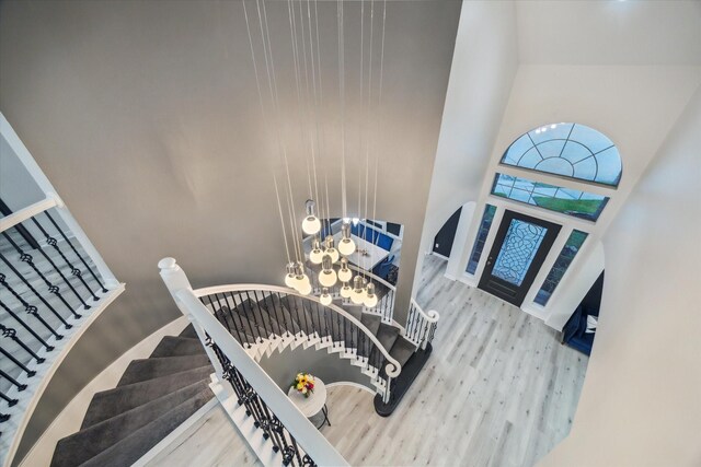 foyer with stairway, a high ceiling, and wood finished floors