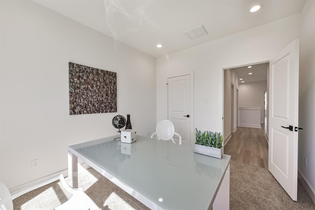 home office with recessed lighting and carpet floors