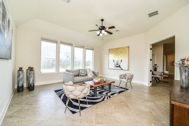13819 Laurel Colony Trl, Houston, TX 77059 - living room with tile patterned flooring, visible vents, a ceiling fan, and baseboards