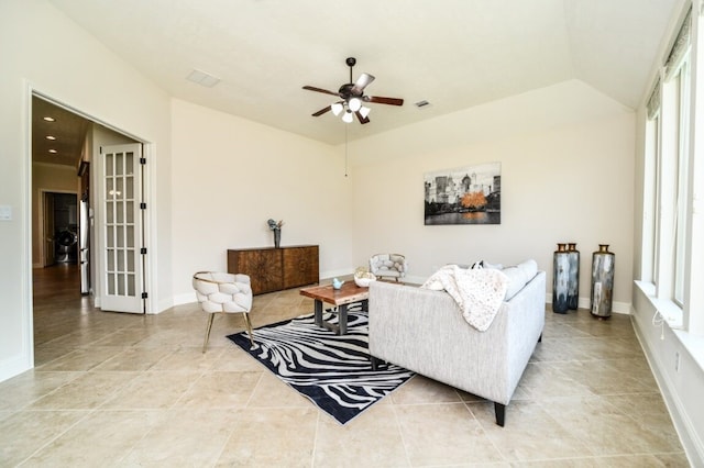 13819 Laurel Colony Trl, Houston, TX 77059 - living area with a wealth of natural light, a ceiling fan, light tile patterned flooring, and lofted ceiling