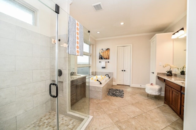 13819 Laurel Colony Trl, Houston, TX 77059 - bathroom with a bath, tile patterned flooring, a shower stall, crown molding, and vanity