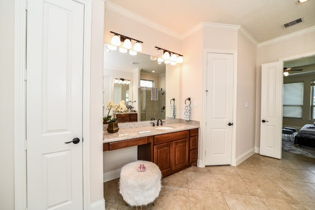 13819 Laurel Colony Trl, Houston, TX 77059 - full bath featuring visible vents, vanity, crown molding, baseboards, and a stall shower