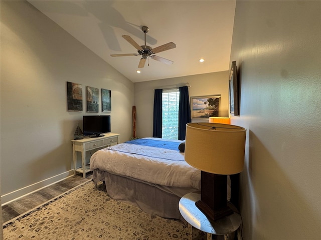 bedroom with wood finished floors, recessed lighting, vaulted ceiling, a ceiling fan, and baseboards