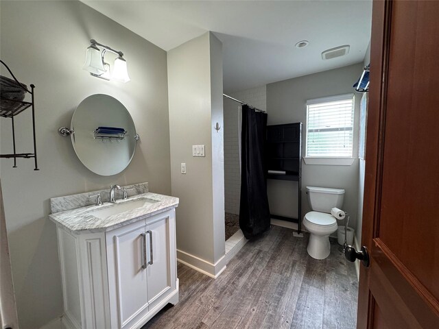 bathroom with vanity, toilet, wood finished floors, and a shower stall