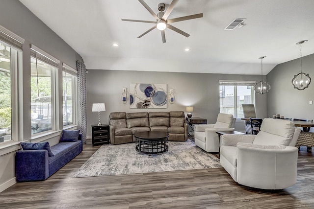 14302 Winema View Ln, Conroe, TX 77384 - living room with ceiling fan, wood finished floors, a chandelier, recessed lighting, and baseboards