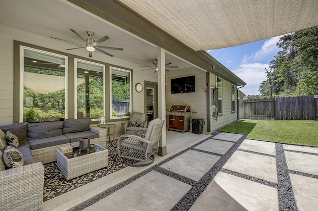 14302 Winema View Ln, Conroe, TX 77384 - view of patio / terrace featuring a ceiling fan, grilling area, and an outdoor living space