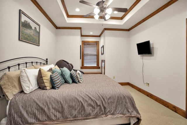 bedroom featuring crown molding, light colored carpet, a raised ceiling, recessed lighting, and baseboards