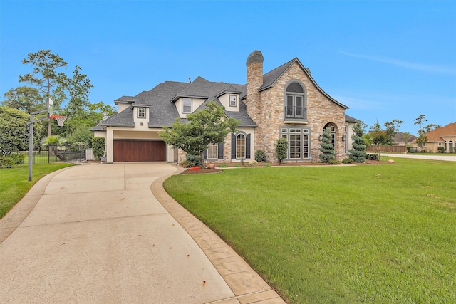 french country inspired facade featuring driveway, a chimney, a garage, fence, and a front lawn