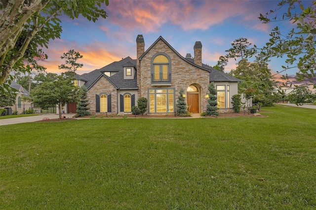 french country home featuring a front yard, a chimney, and stone siding