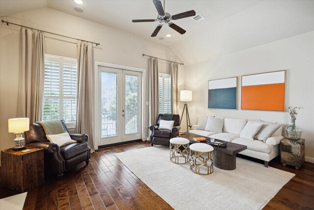 living room featuring recessed lighting, dark wood-style floors, vaulted ceiling, french doors, and ceiling fan