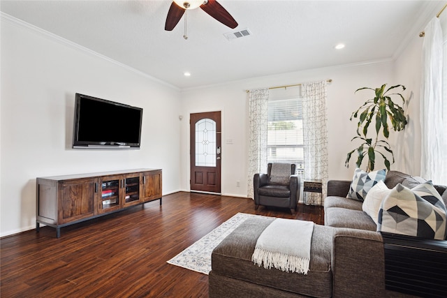 701 Coronado St, Houston, TX 77009 - living area with wood finished floors, a ceiling fan, ornamental molding, recessed lighting, and baseboards