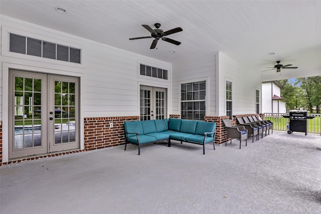 8118 S Laura Cir, Baytown, TX 77521 - view of patio with an outdoor hangout area, area for grilling, french doors, and ceiling fan