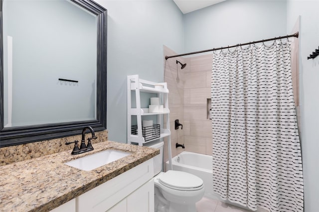 8118 S Laura Cir, Baytown, TX 77521 - full bath featuring vanity, shower / tub combo with curtain, toilet, and tile patterned flooring