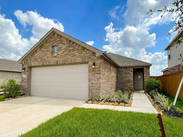 ranch-style home with brick siding, an attached garage, driveway, and a shingled roof