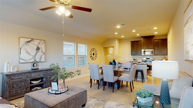 dining area featuring baseboards, ceiling fan, recessed lighting, and visible vents