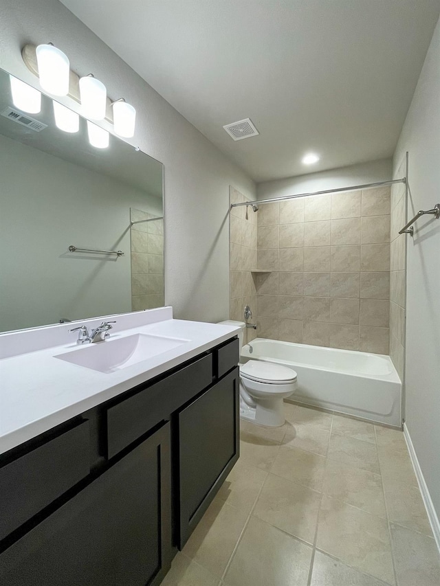 full bath featuring toilet, visible vents, shower / washtub combination, and vanity