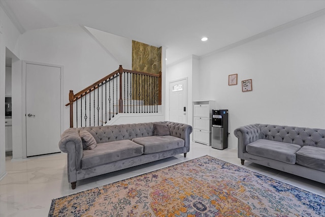 living room with marble finish floor, recessed lighting, and stairs
