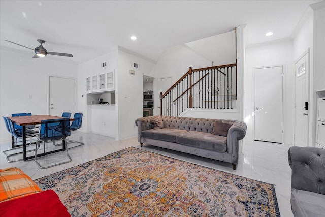 living room featuring recessed lighting, stairway, marble finish floor, visible vents, and a ceiling fan